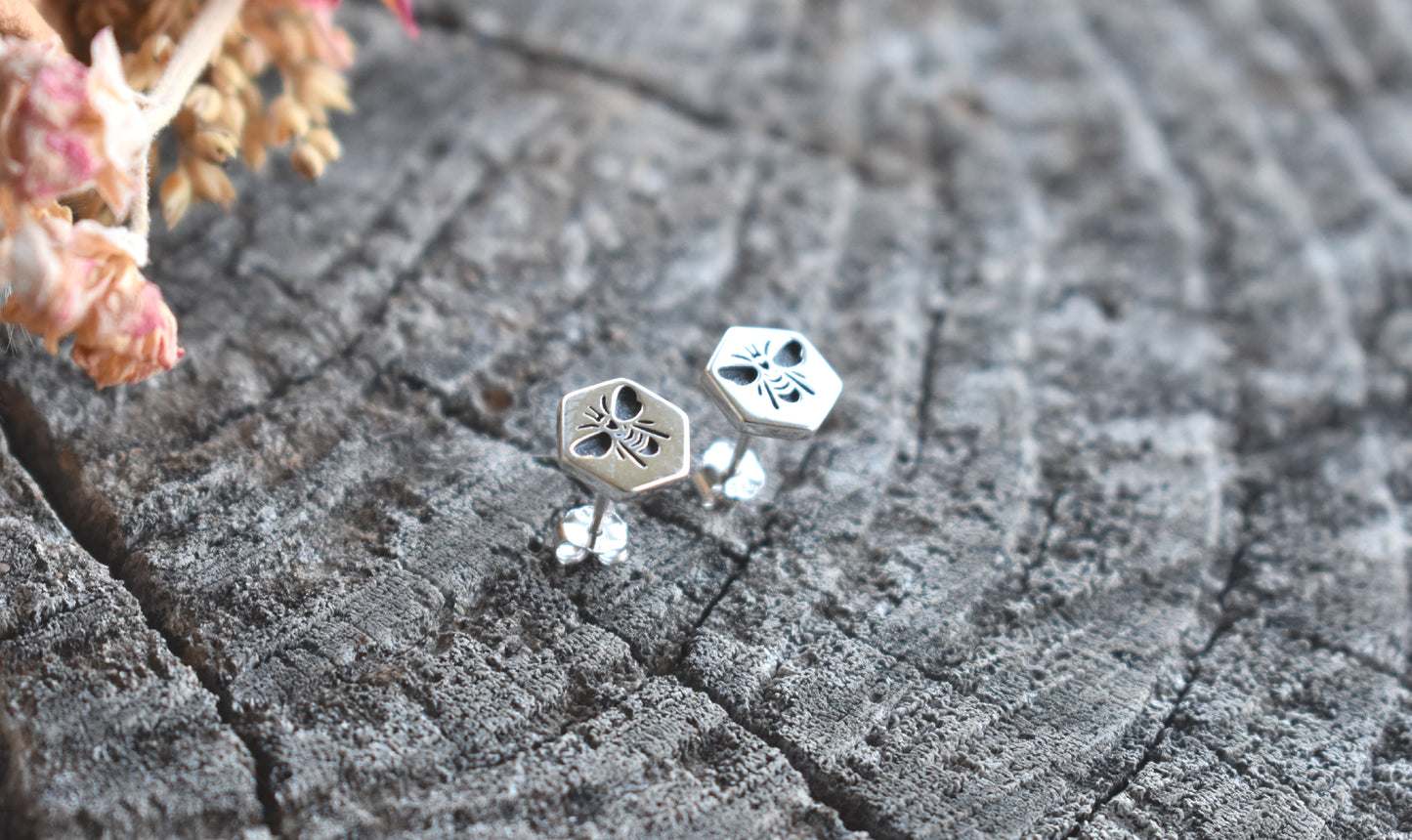 Bee Hex Stud Earrings-Sterling Silver