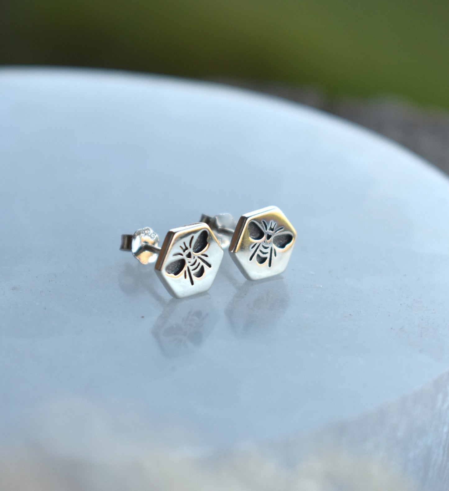 Bee Hex Stud Earrings-Sterling Silver