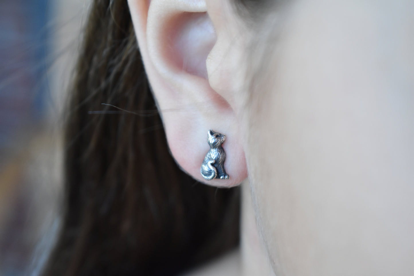 Black Cat Stud Earrings-Sterling Silver