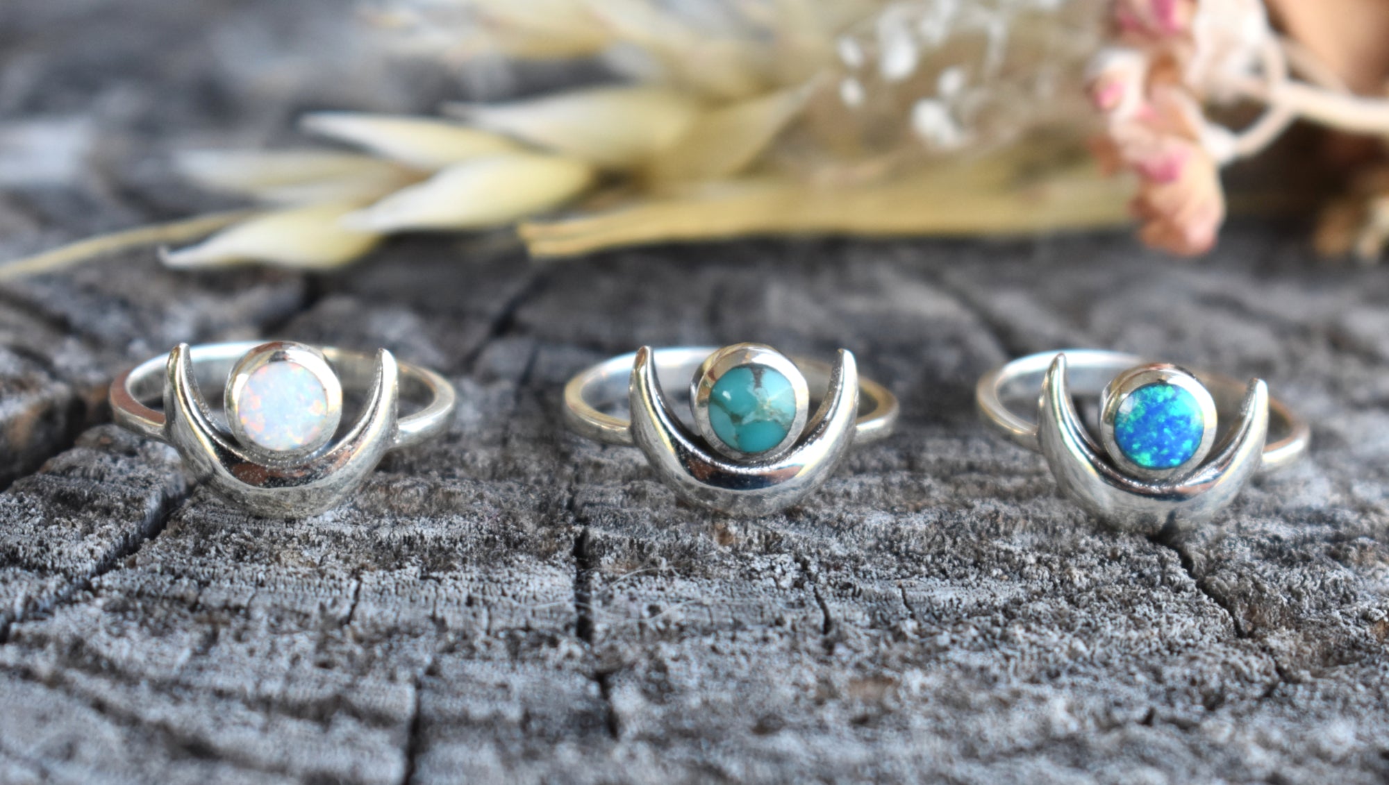 Crescent Moon & Opal Ring-Sterling Silver