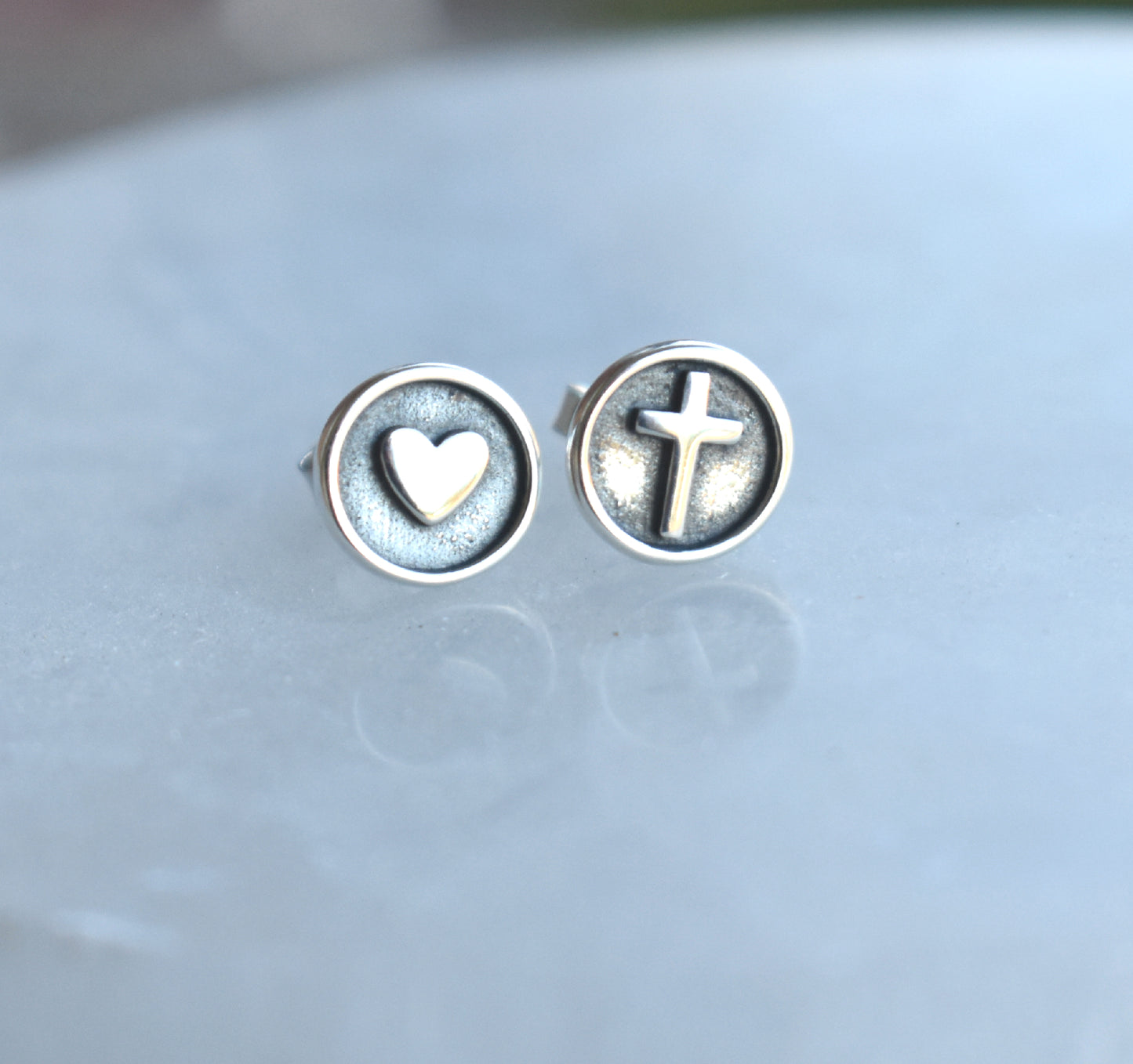 Cross & Heart Stud Earrings-Sterling Silver