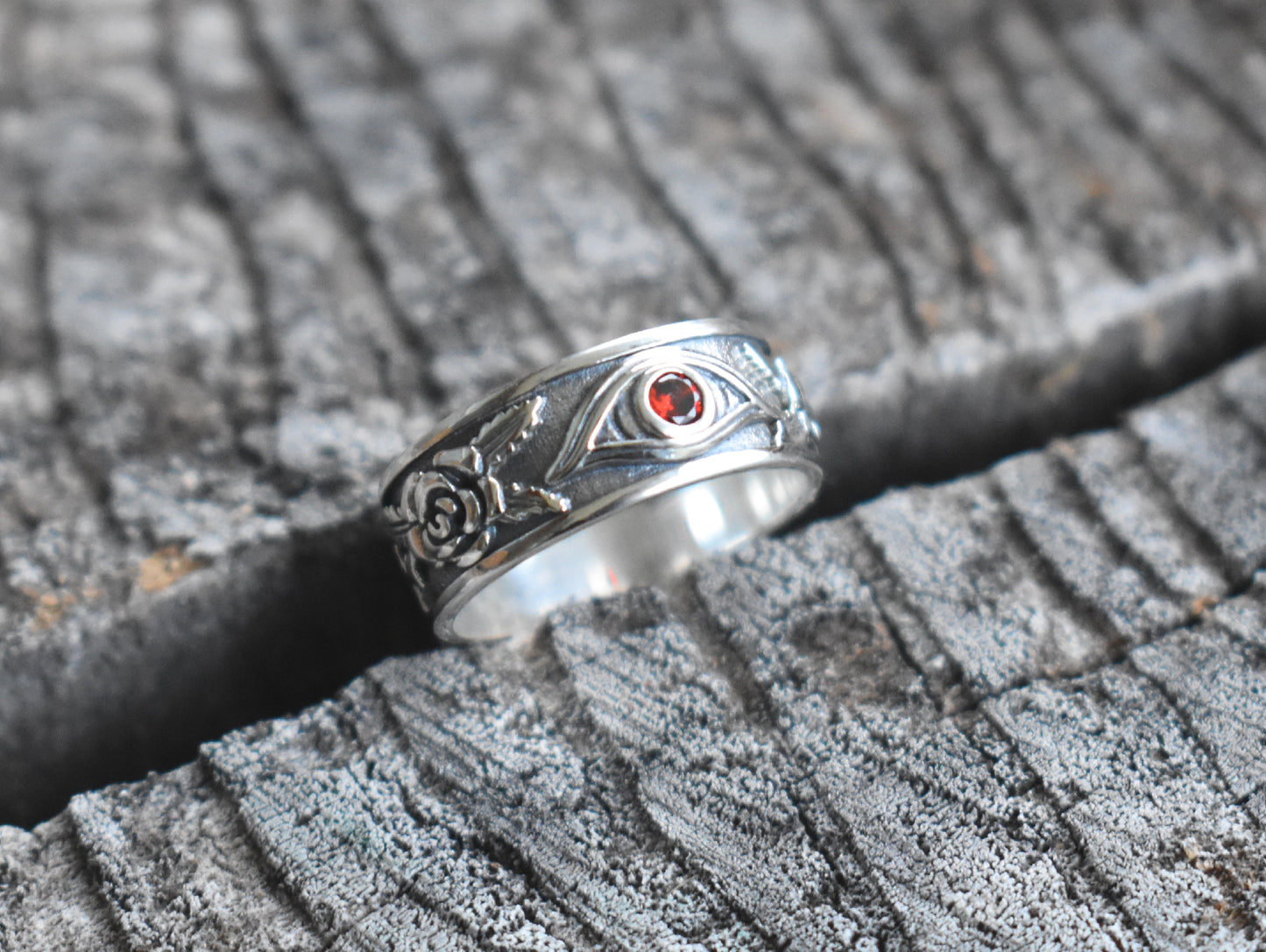 Garnet & Roses Evil Eye Ring-Sterling Silver
