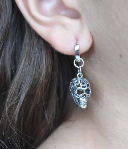 Sugar Skull Huggie Hoop Earrings-Sterling Silver