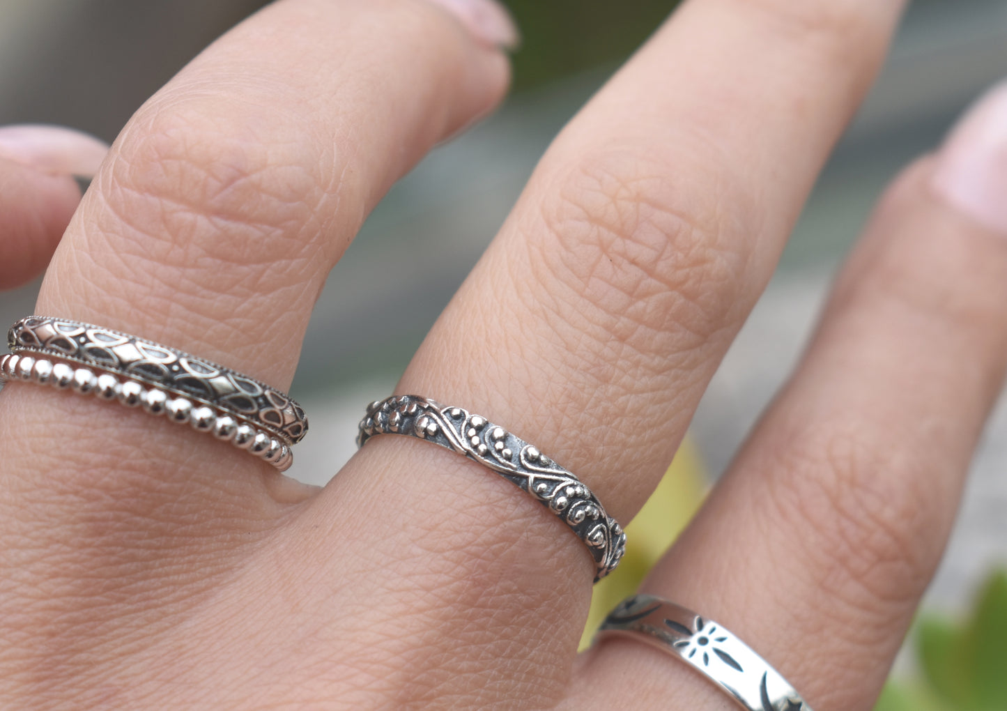 Art Nouveau Ring- Bali Bead Ring, Dot Ring, Stack Ring, Boho Ring- Silver Ring