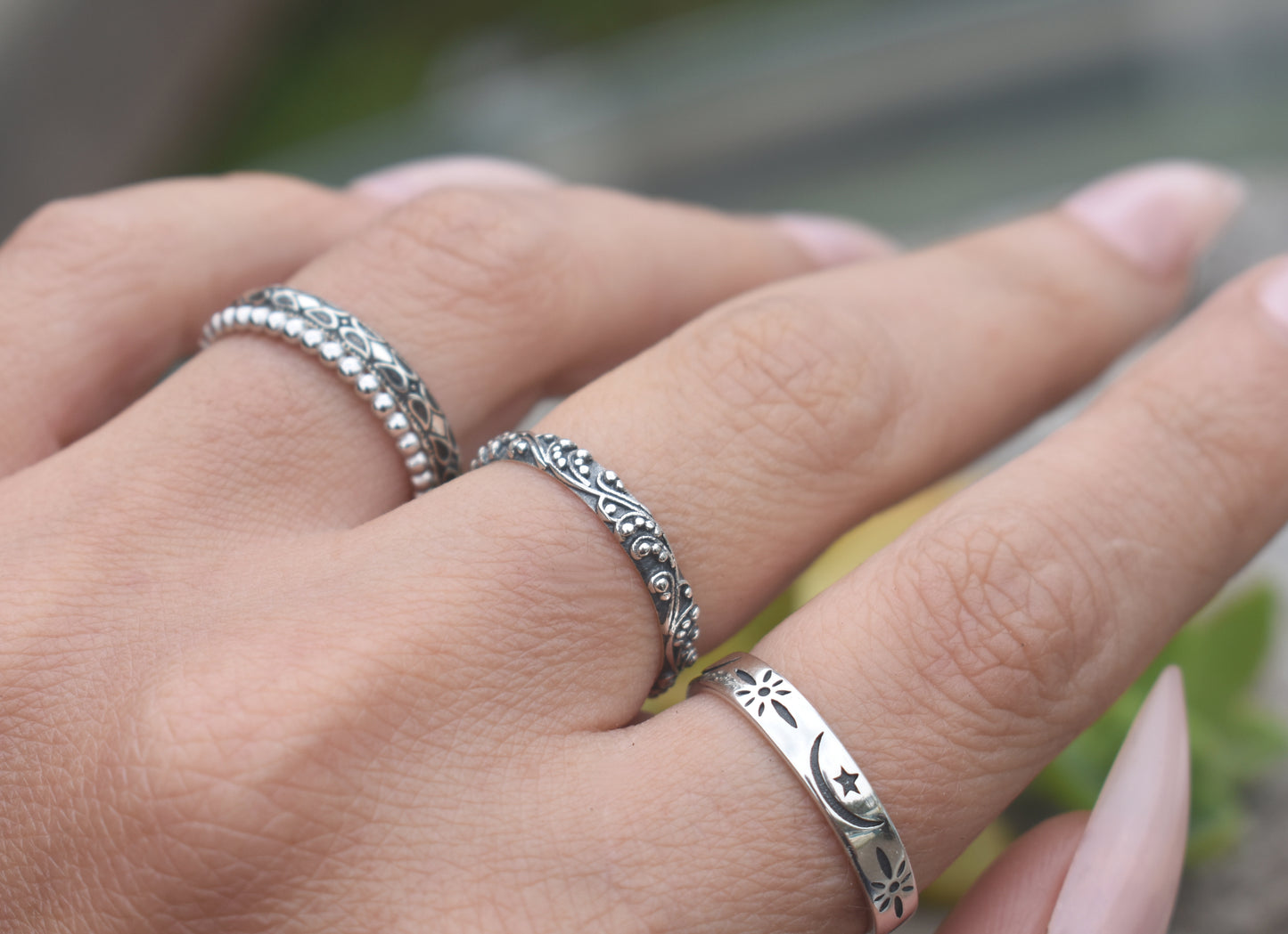 Art Nouveau Ring- Bali Bead Ring, Dot Ring, Stack Ring, Boho Ring- Silver Ring