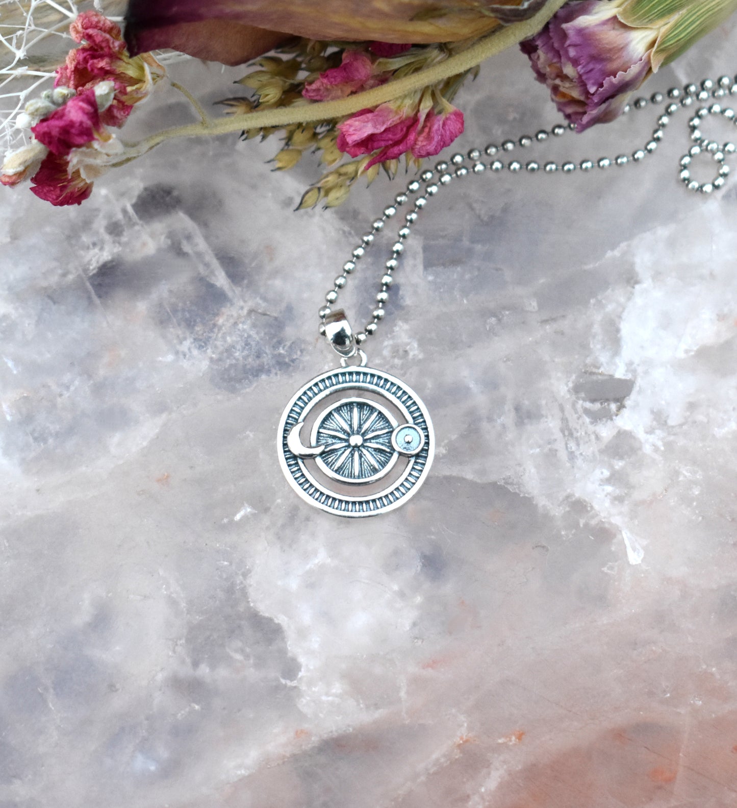Astrology Wheel Necklace-Sun, Moon, Earth-Tarot Wheel of Fortune