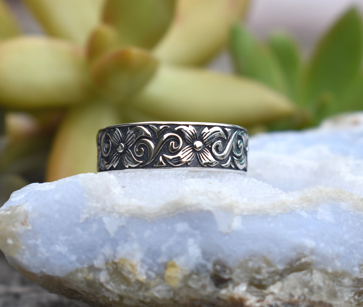Art Nouveau Ring- Flower Ring, Boho Ring, Floral Ring, Silver Ring-Wide Ring Band