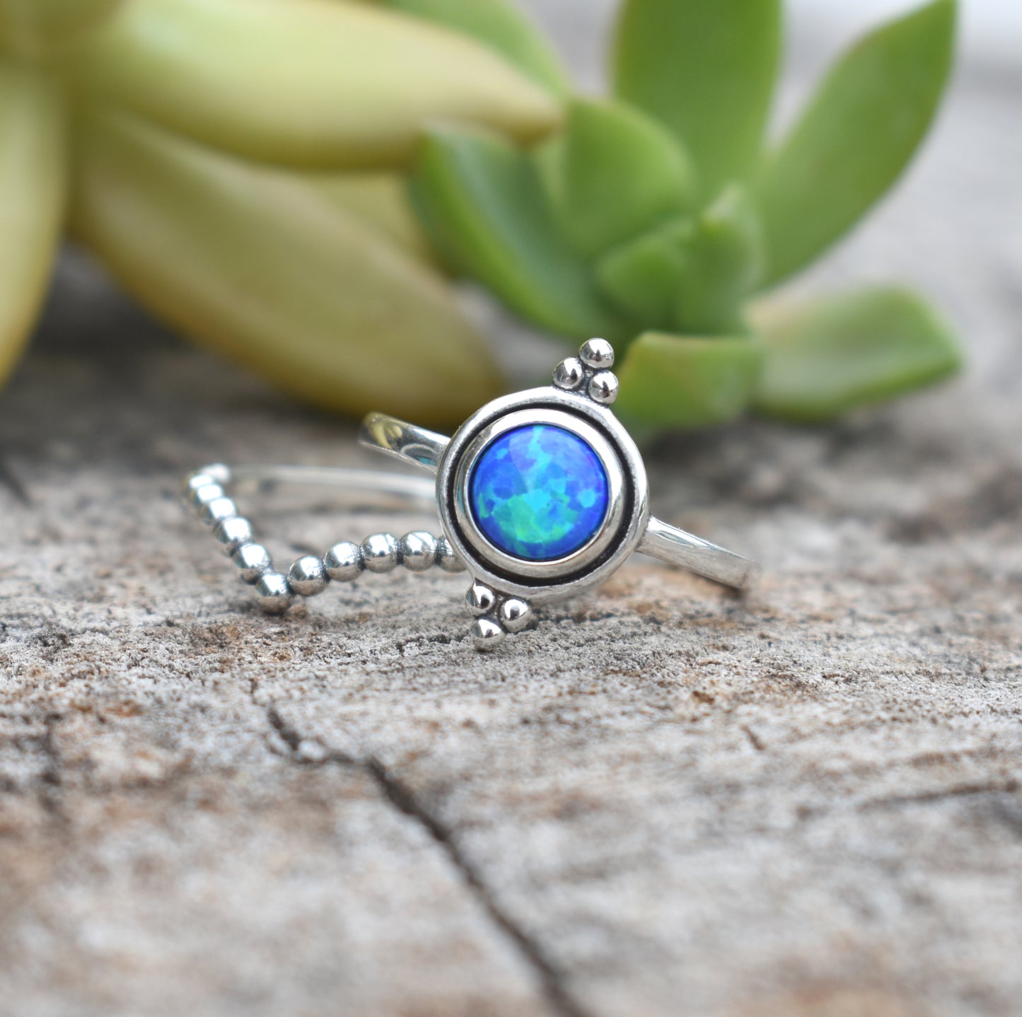 Blue Opal Engagement Ring- Opal Ring, October Birthstone- Sterling Silver