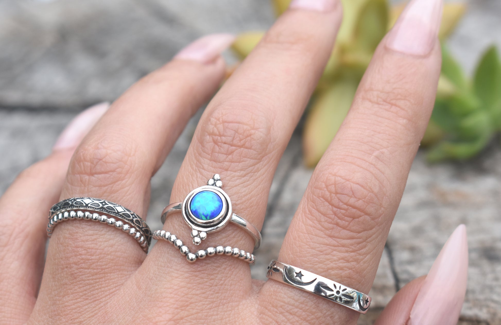 Blue Fire Opal Moon Ring