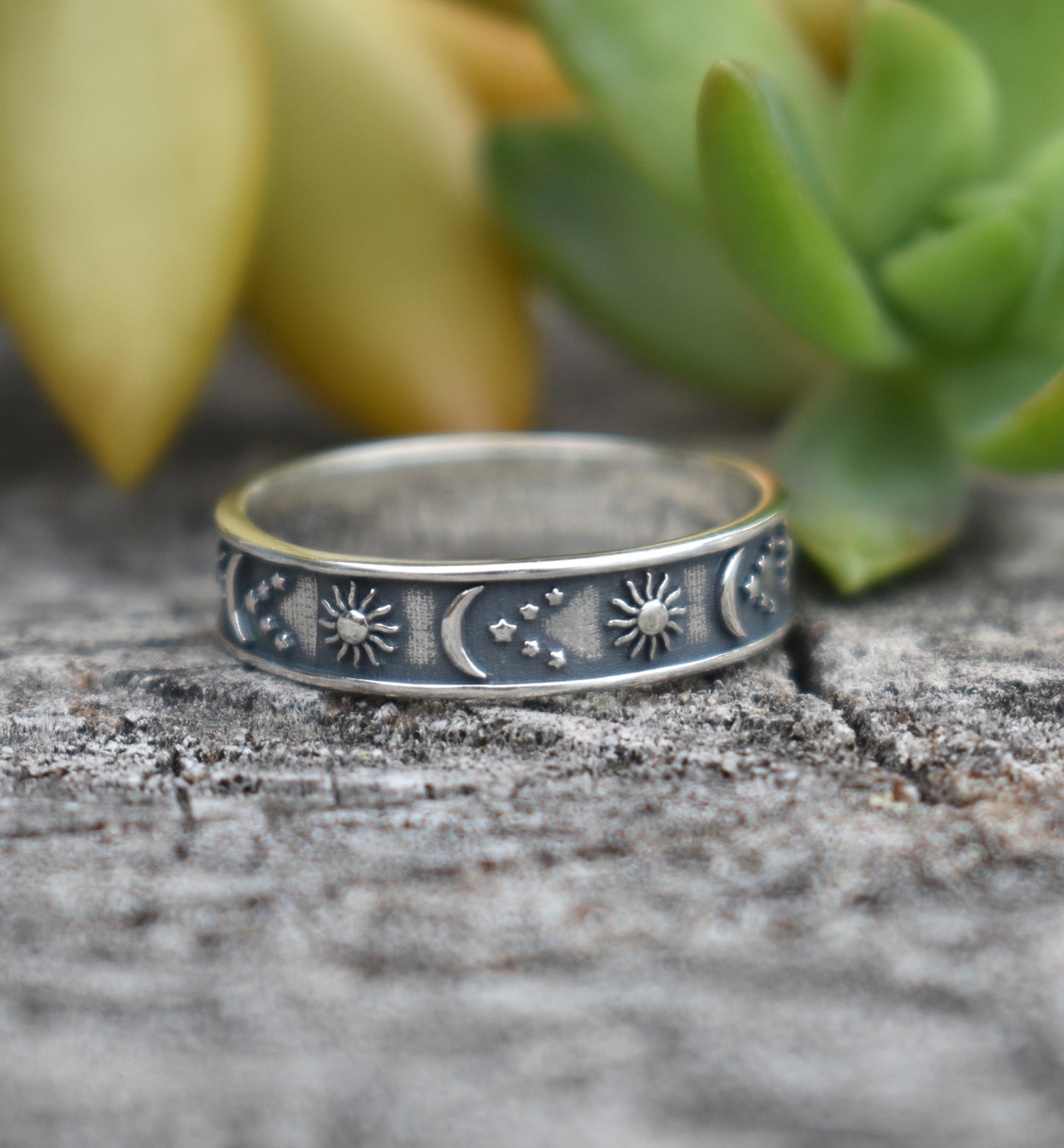 Celestial Ring- Moon Sun Stars Ring, Crescent Moon Ring- Eternity Ring- Sterling Silver