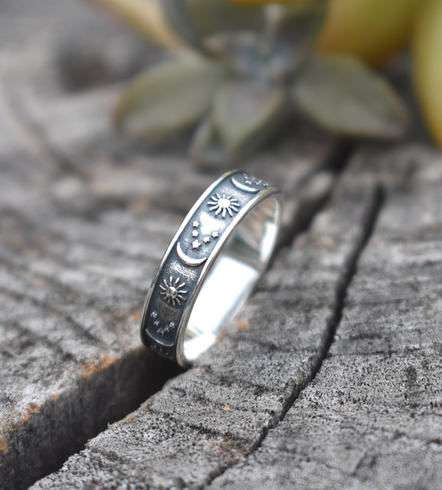 Celestial Ring- Moon Sun Stars Ring, Crescent Moon Ring- Eternity Ring- Sterling Silver