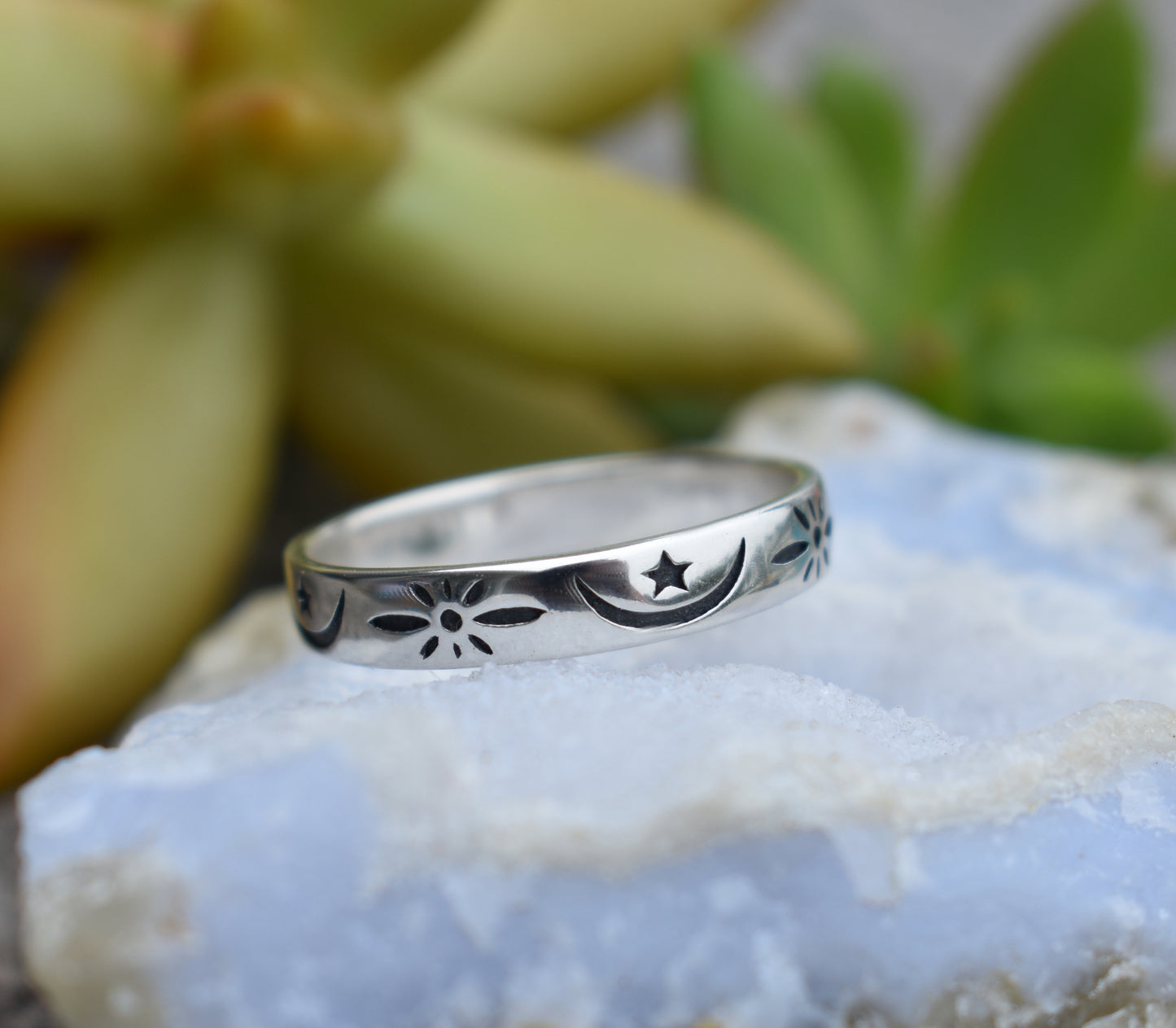 Celestial Moon Ring- Stars Ring, Eternity Ring Band- Sterling Silver Moon Ring