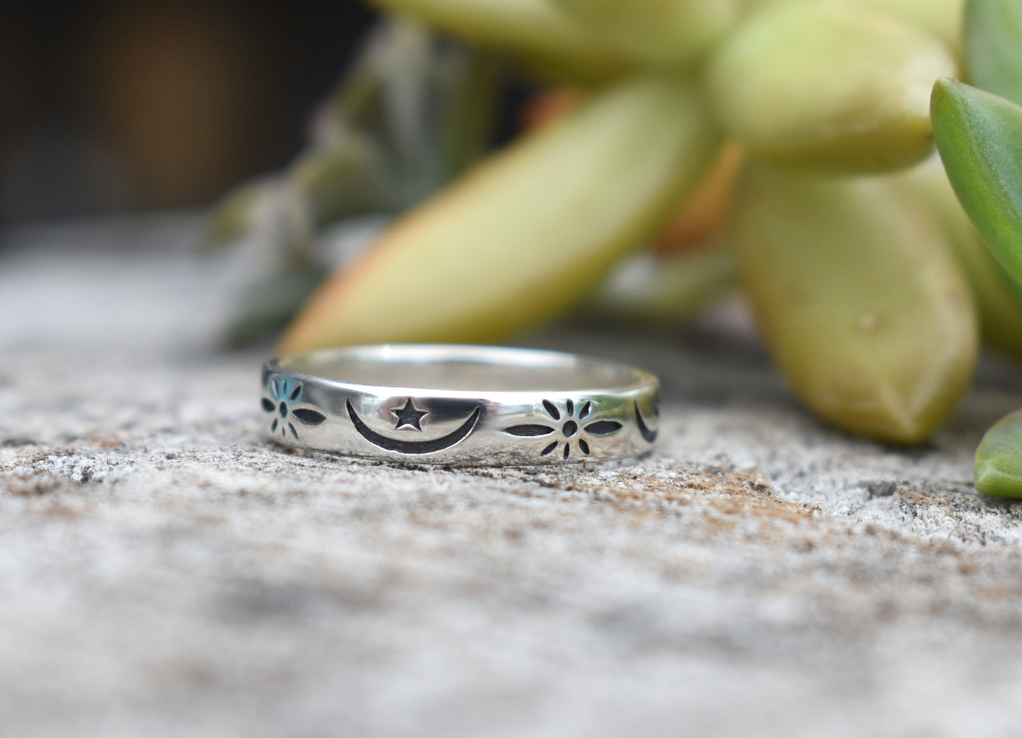 Celestial Moon Ring- Stars Ring, Eternity Ring Band- Sterling Silver Moon Ring