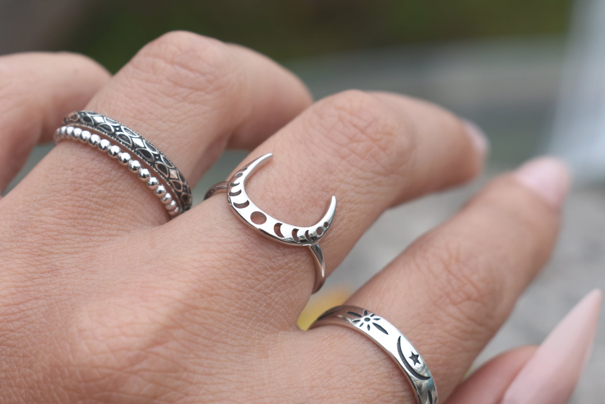 Celestial Ring- Moon Sun Stars Ring, Crescent Moon Ring- Eternity Ring-  Sterling Silver