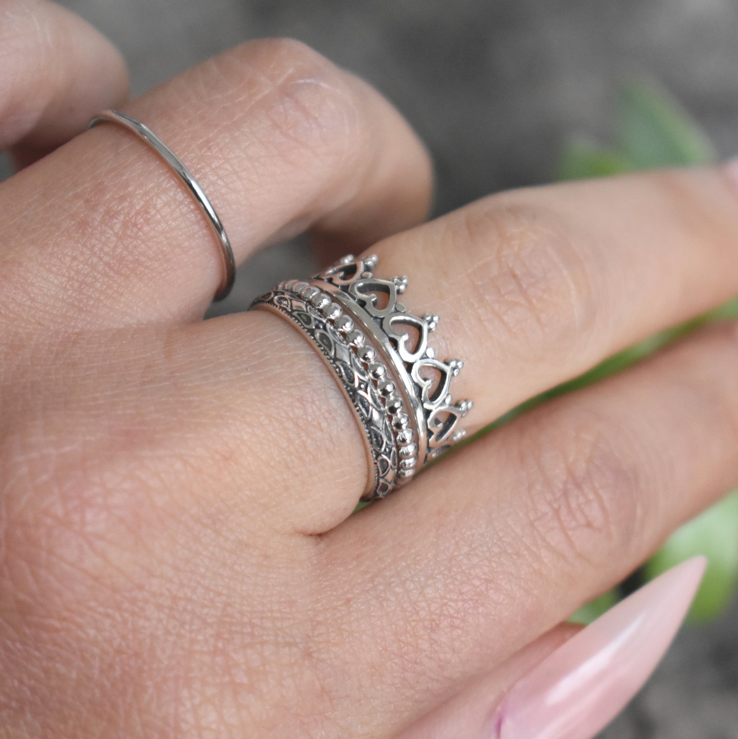 Princess Ring- Crown Ring, Stack Ring Set, Silver Rings