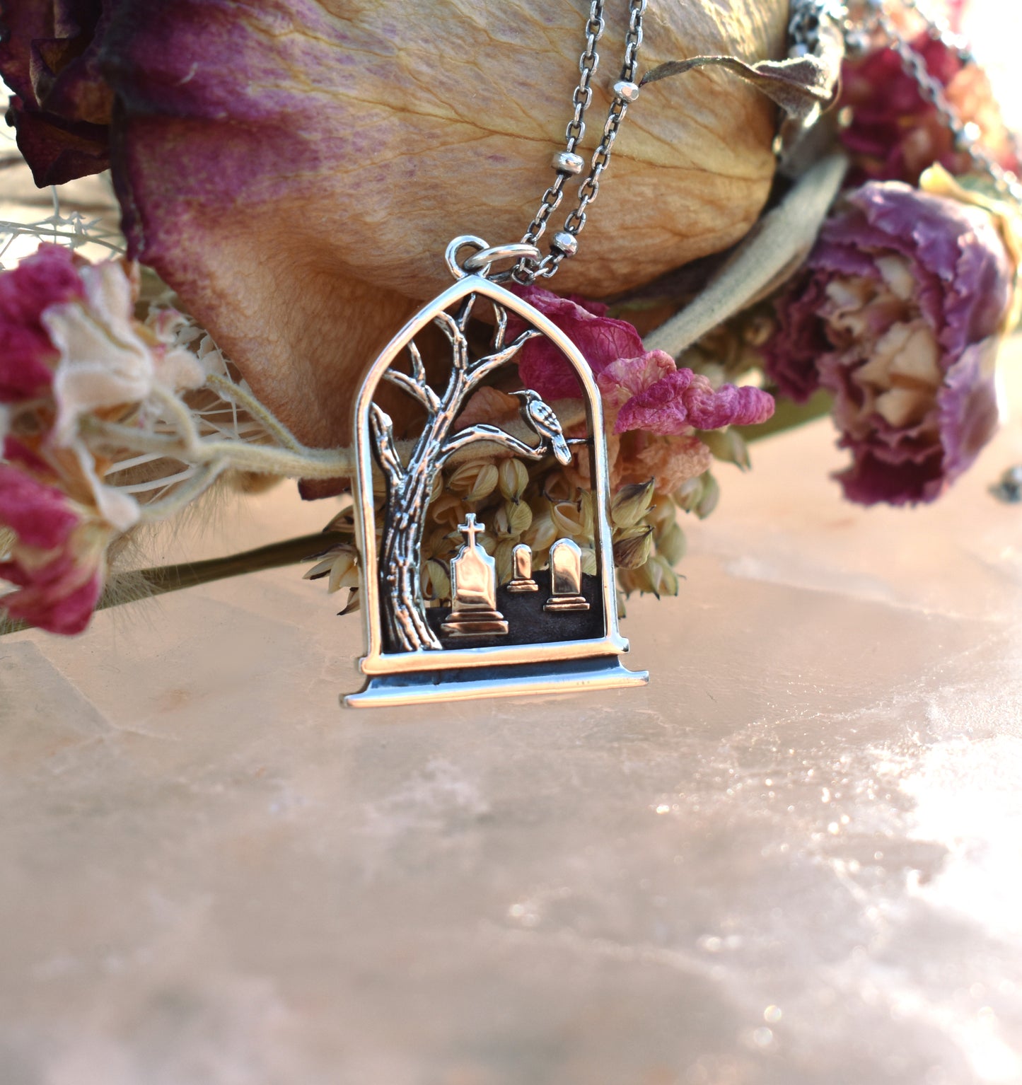 Graveyard Necklace-Wednesday Inspired, Raven and Tombstones