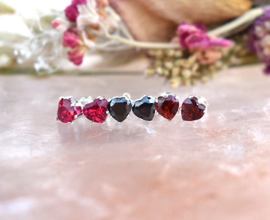 Heart Birthstone Stud Earrings -Sterling Silver, Valentine's Day, Mother's Day- Garnet, Ruby, Onyx