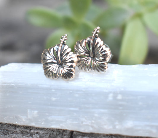 Hibiscus Earrings- Flower Earrings, Hibiscus Studs, Hibiscus Jewelry, Silver Hibiscus