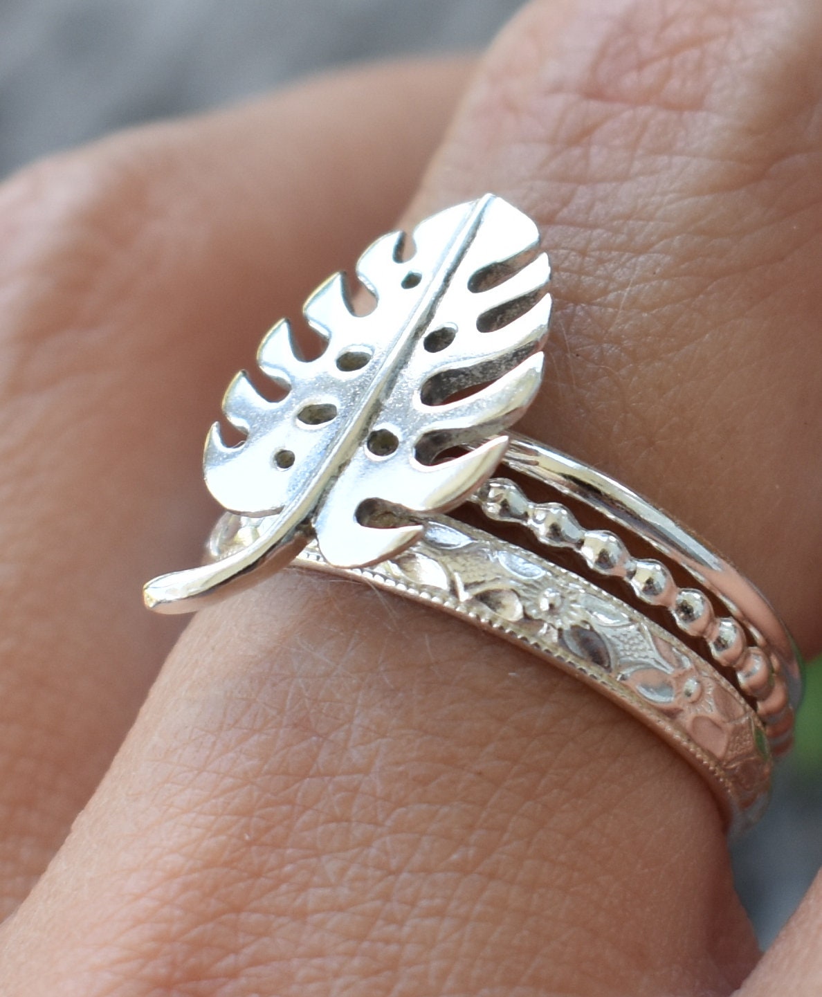 Monstera Ring- Houseplant Ring, Silver Stacking Rings, Plant Lady Ring