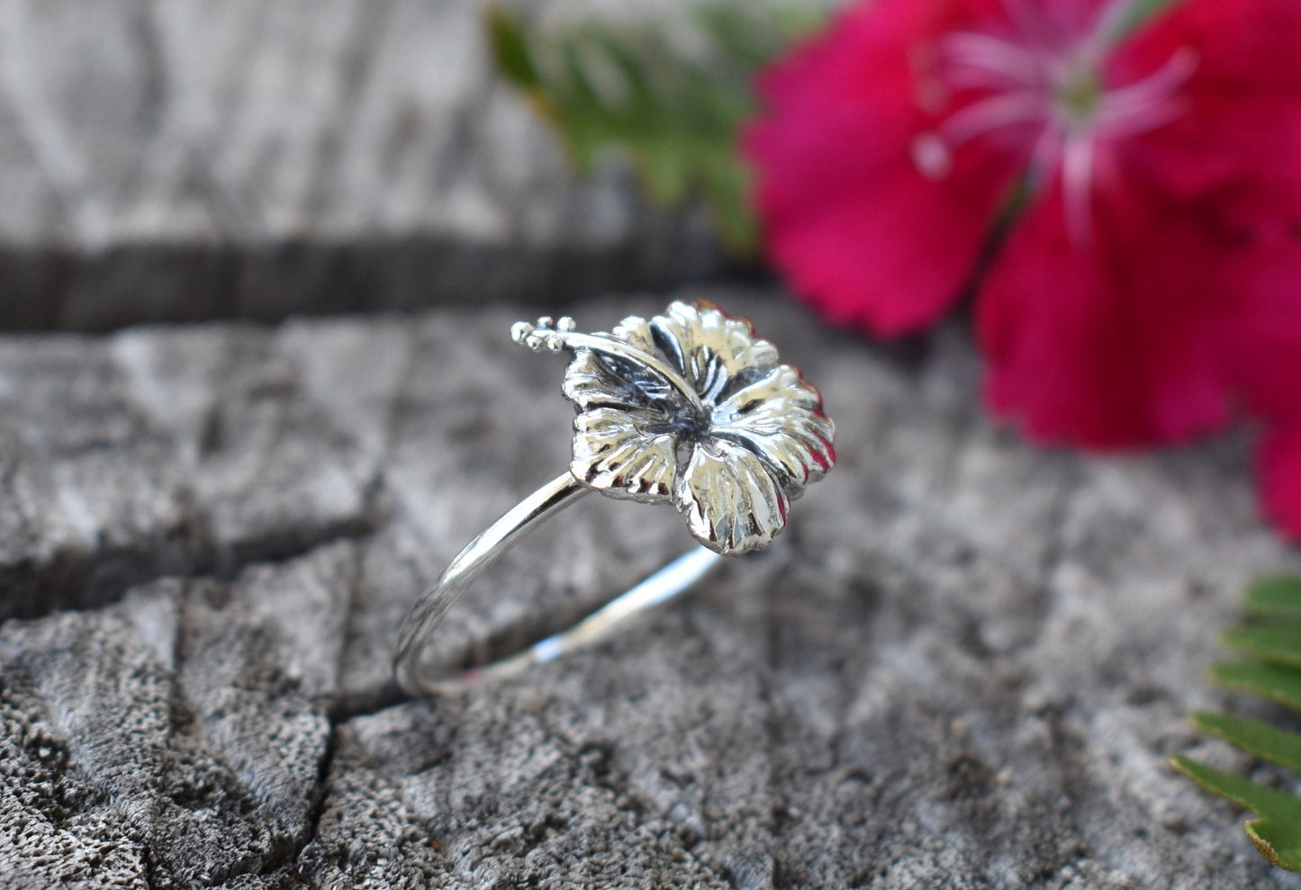 Hibiscus Ring-  Flower Ring, Tropical Ring, Hawaiian Jewelry- Silver Flower Ring