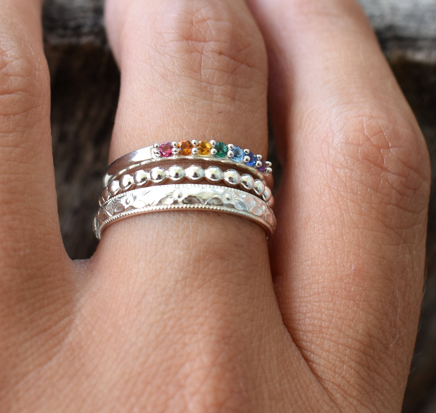 Rainbow Ring- Silver Stacking Ring, Chakra Ring, Seven Chakras-Yoga Ring