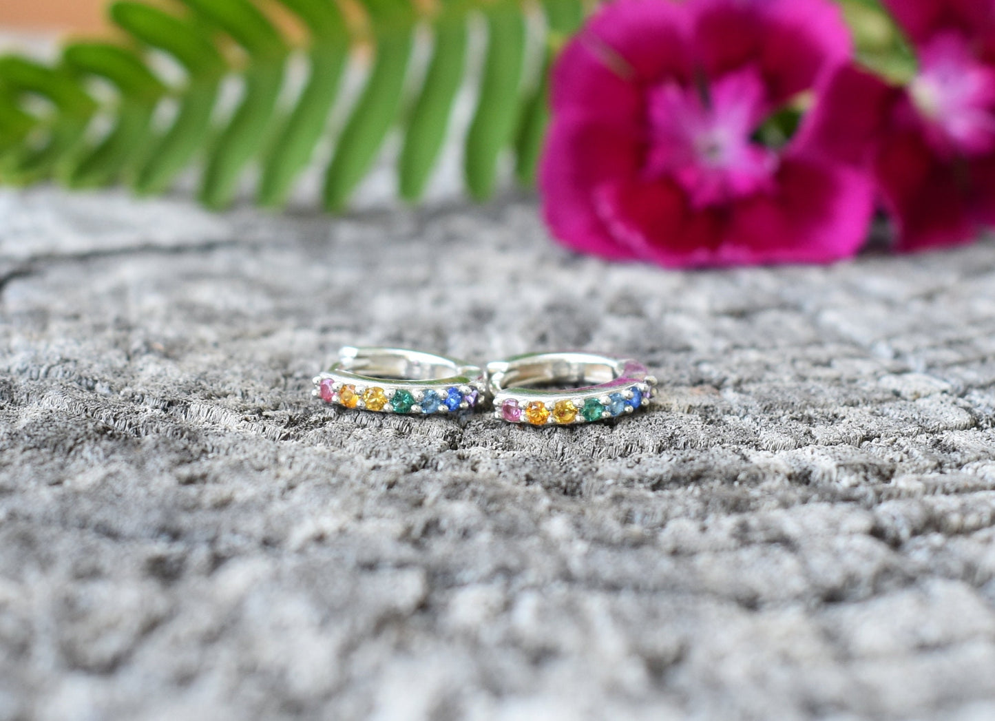 Rainbow Huggie Hoops- Rainbow Earrings, Silver Earrings, Hoop Earrings