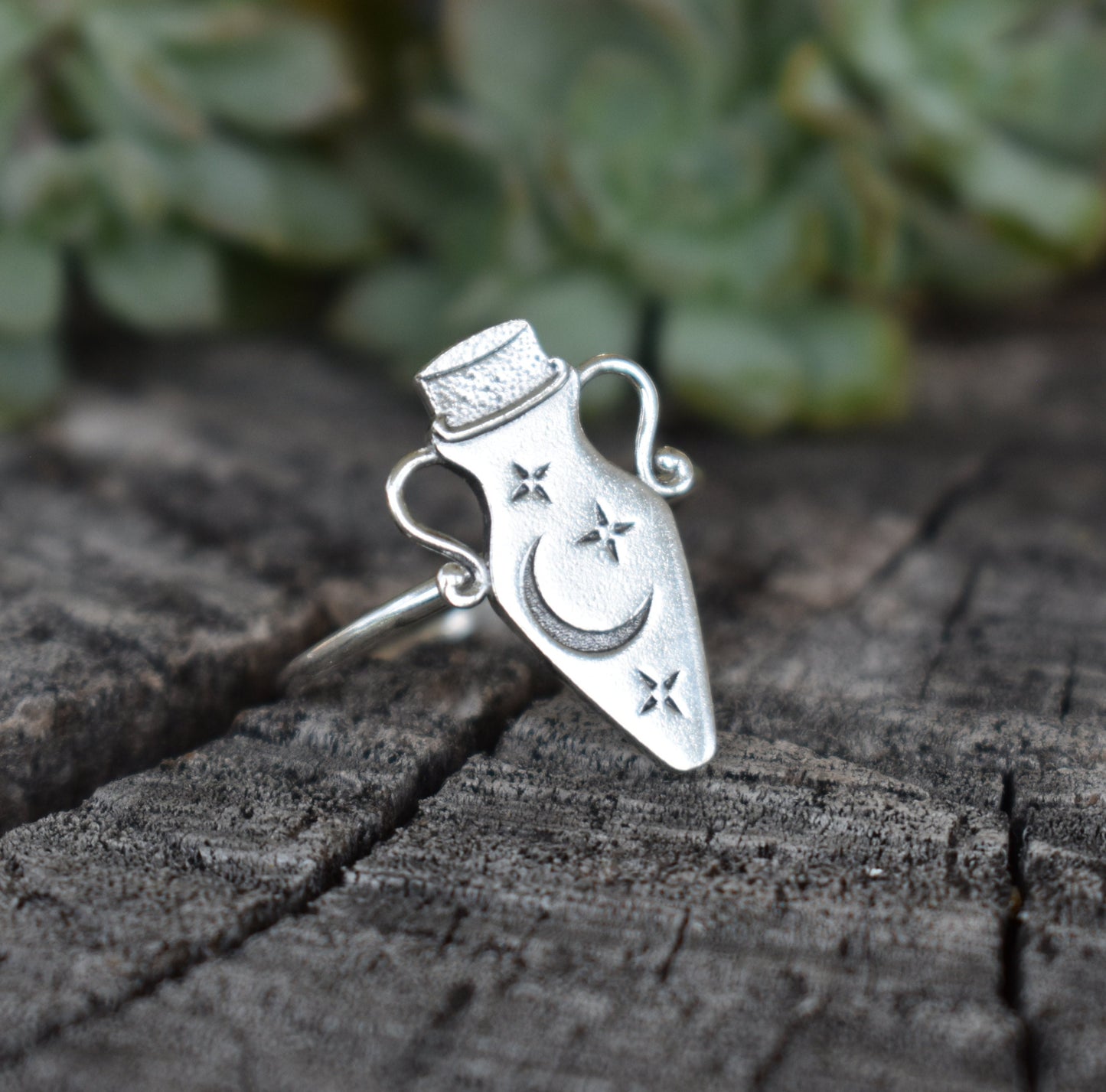 Potion Bottle Ring- Witches' Brew, Moon And Star Ring, Crescent Moon Ring