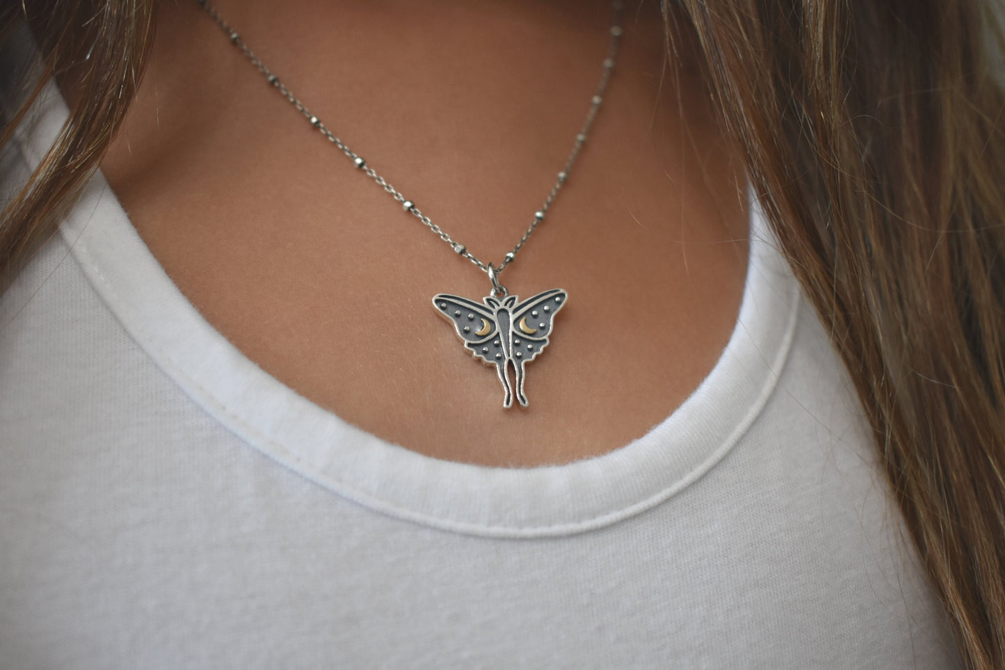 Luna Moth Necklace- Moth Jewelry, Moon And Star, Butterfly Necklace- Silver Necklace
