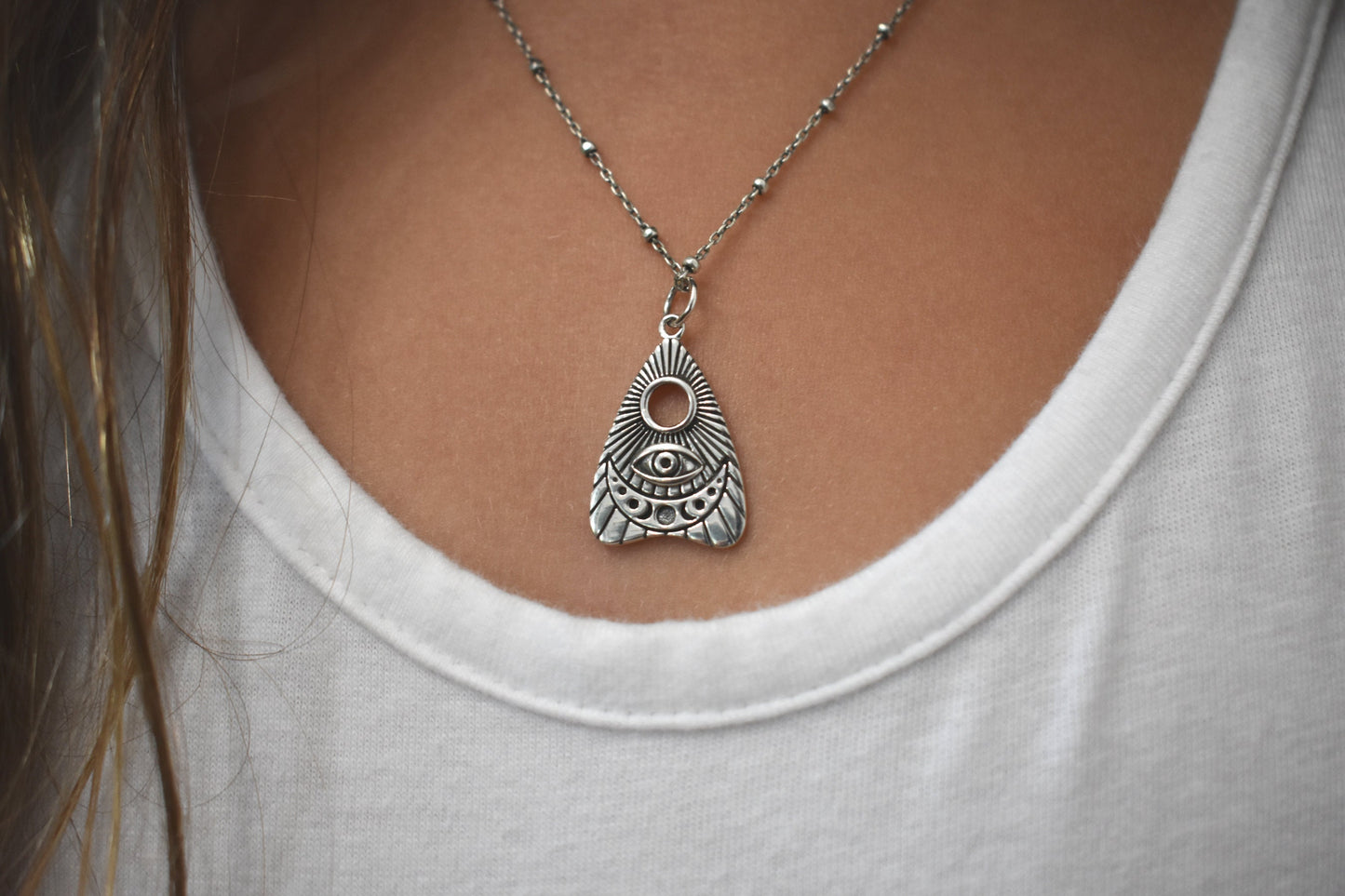 Planchette Necklace- Ouija Necklace, Spirit Board, Evil Eye Necklace-Silver Necklace