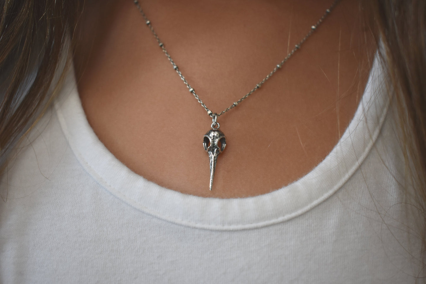 Bird Skull Necklace- Silver Necklace, Hummingbird Skull, Skull Jewelry