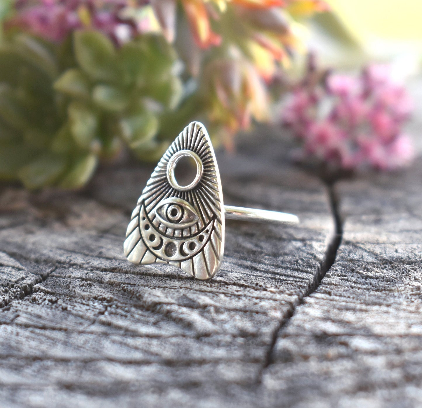 Planchette Ring- Ouija Ring, Moon Phase Ring, Evil Eye Ring, Witchy Ring-Silver Ring