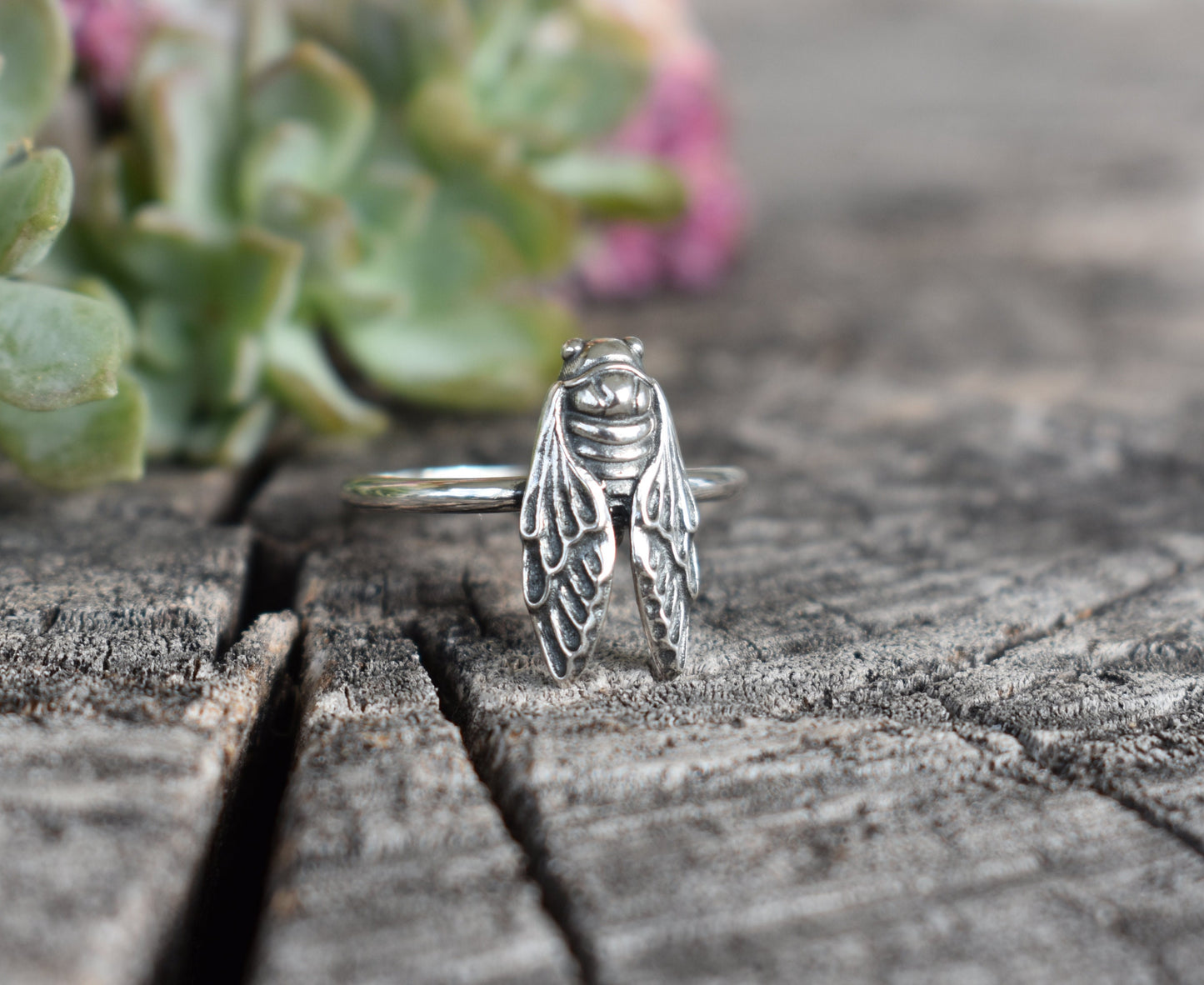 Cicada Ring- Brood Cicada, Entomologist, Cicada Wing, Renewal- Silver Ring