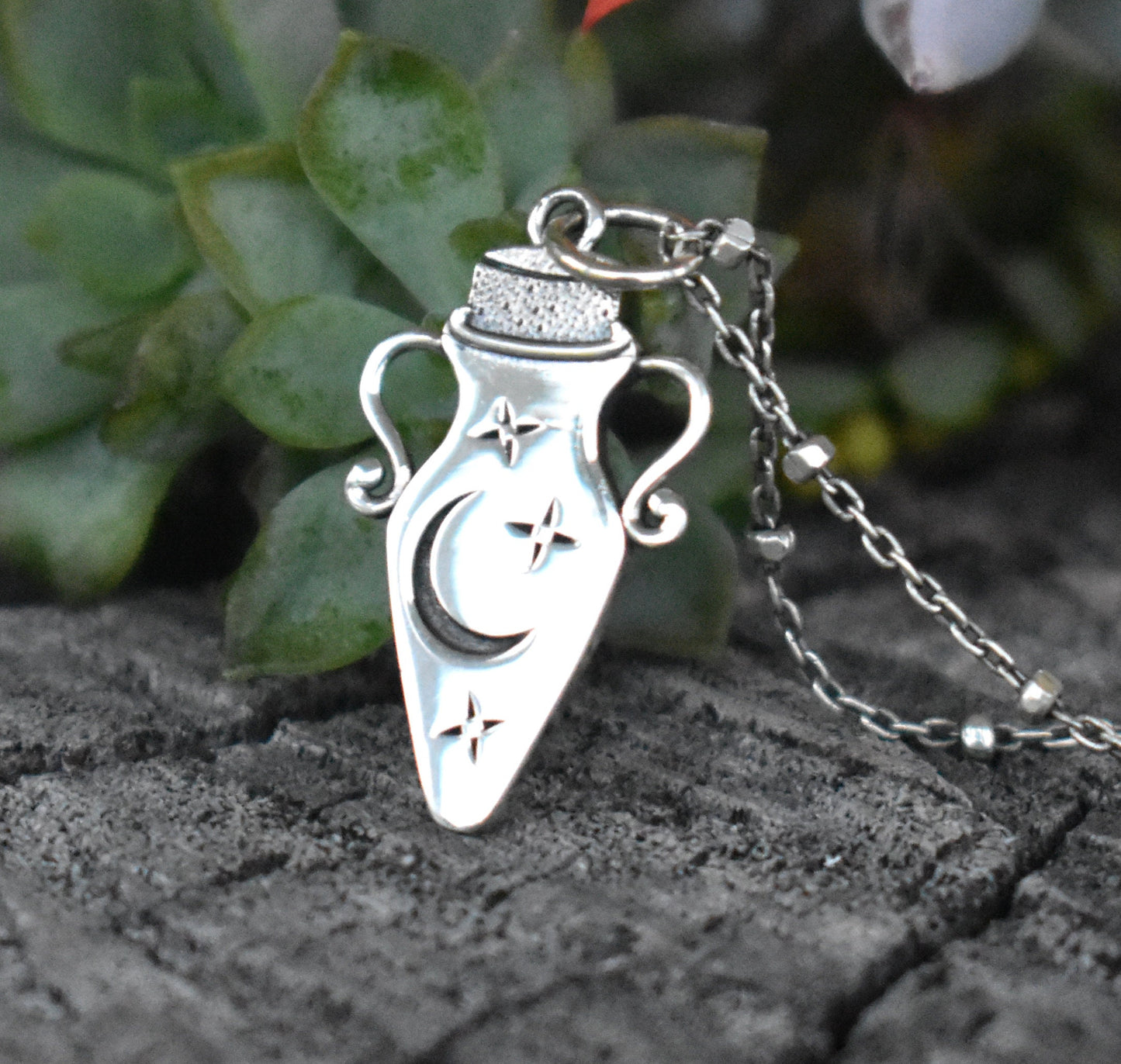 Potion Necklace- Potion Bottle, Witches Brew, Moon And Star Necklace-Silver Necklace