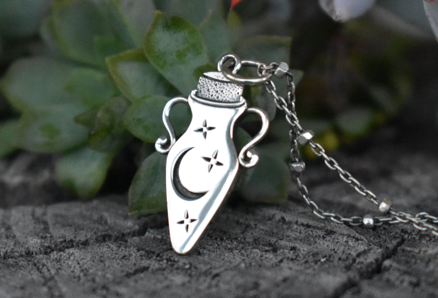 Potion Necklace- Potion Bottle, Witches Brew, Moon And Star Necklace-Silver Necklace