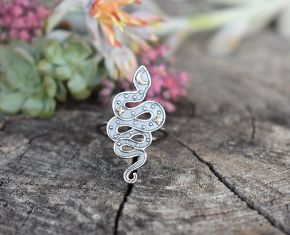 Snake Ring- Moon And Star Ring, Snake Jewelry, Halloween ring- Silver Snake Ring