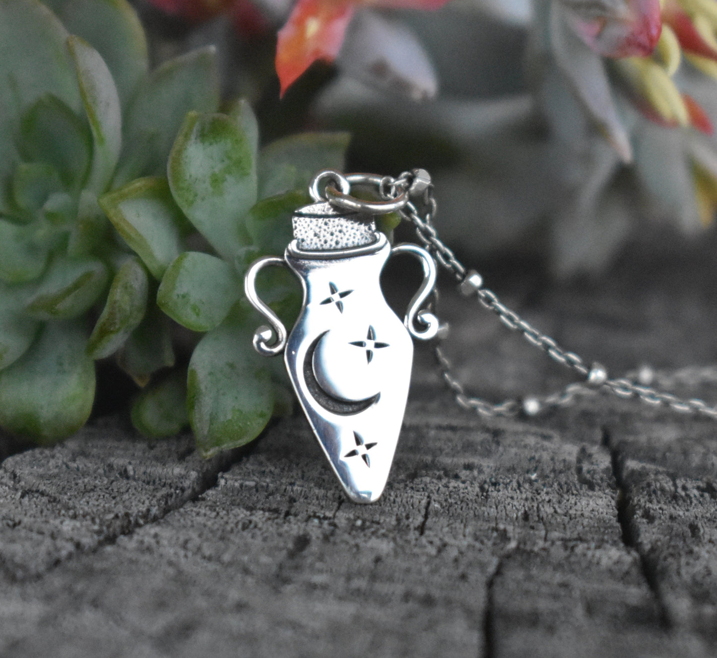 Potion Necklace- Potion Bottle, Witches Brew, Moon And Star Necklace-Silver Necklace