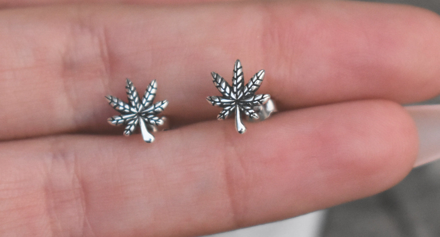 Pot Leaf Earrings- MJ Studs, Weed Jewelry, Hemp Leaf- Silver Earrings