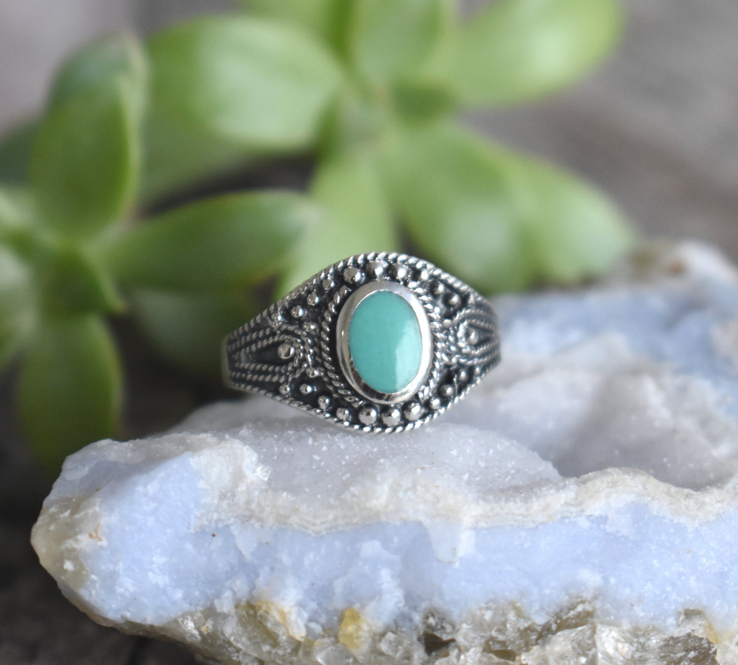 Bali Turquoise Ring- Natural Turquoise Ring, December Birthstone Ring- Silver Ring