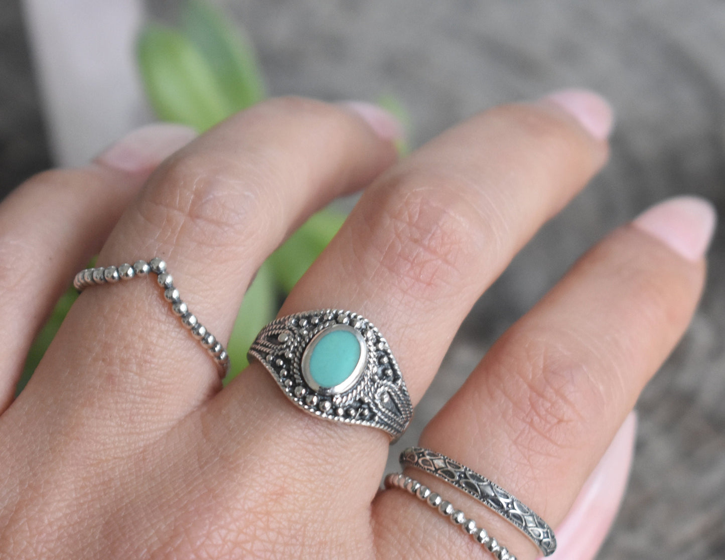 Bali Turquoise Ring- Natural Turquoise Ring, December Birthstone Ring- Silver Ring