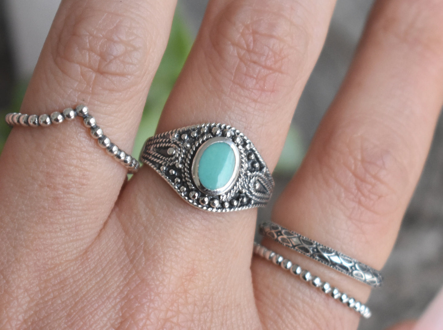 Bali Turquoise Ring- Natural Turquoise Ring, December Birthstone Ring- Silver Ring