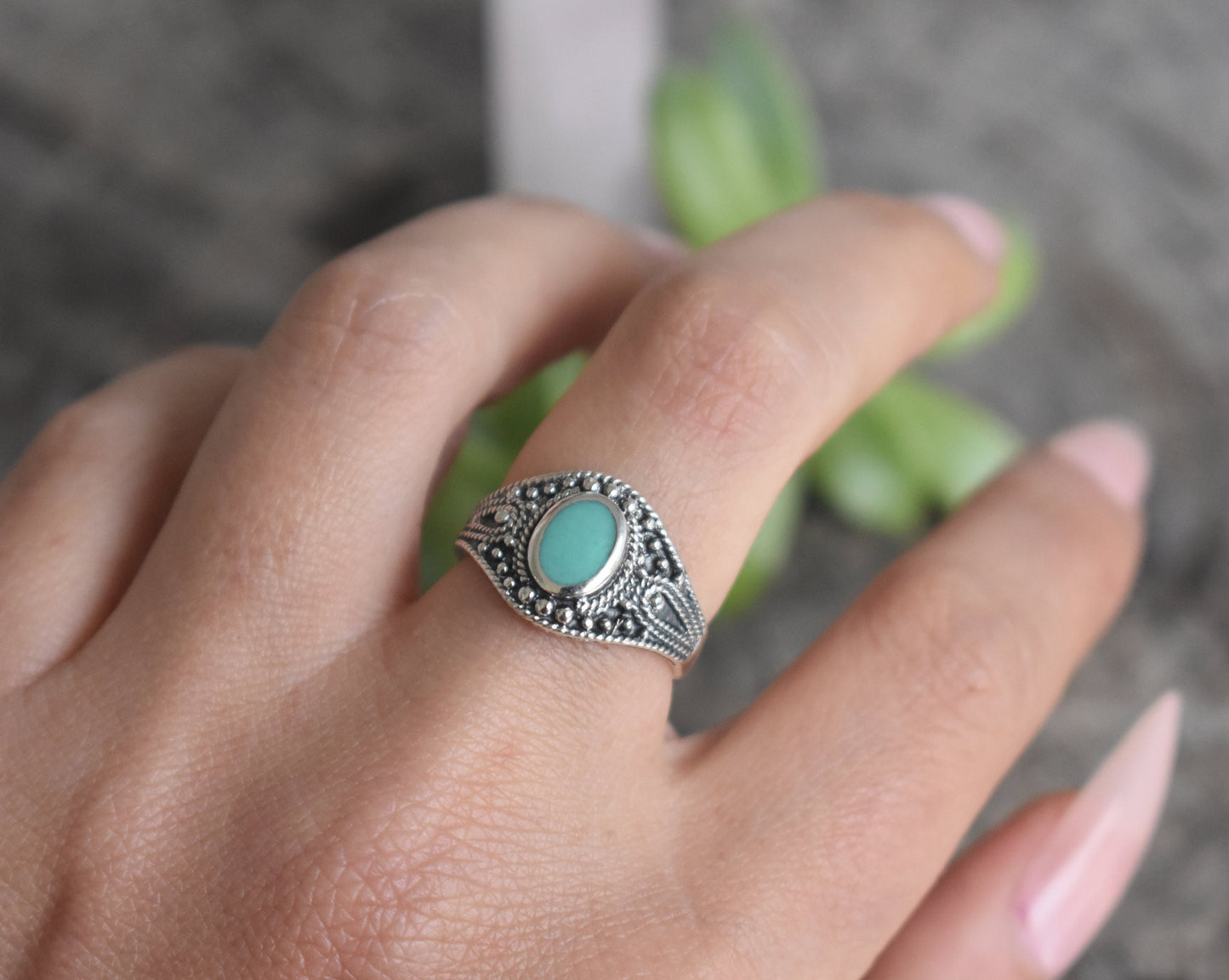 Bali Turquoise Ring- Natural Turquoise Ring, December Birthstone Ring- Silver Ring