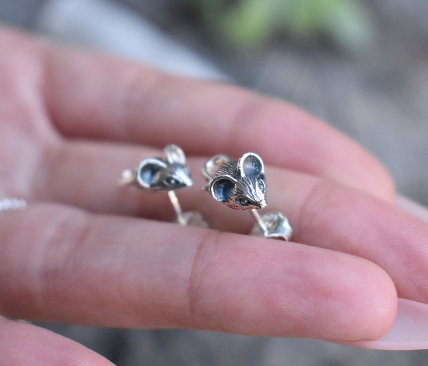 Mouse Earrings- Mouse Studs, Mouse Jewelry, Pet Mouse-Sterling Silver Earrings