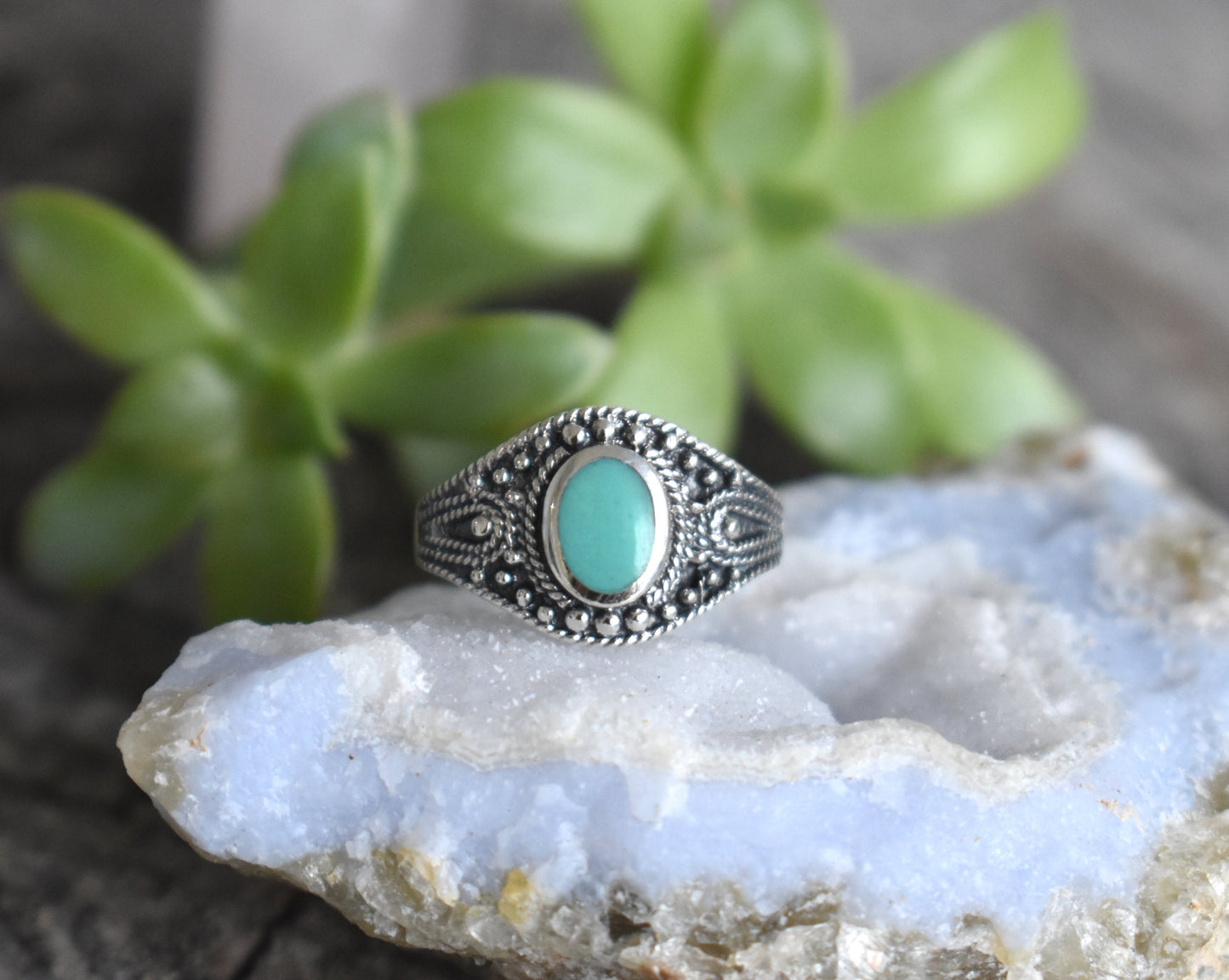 Bali Turquoise Ring- Natural Turquoise Ring, December Birthstone Ring- Silver Ring