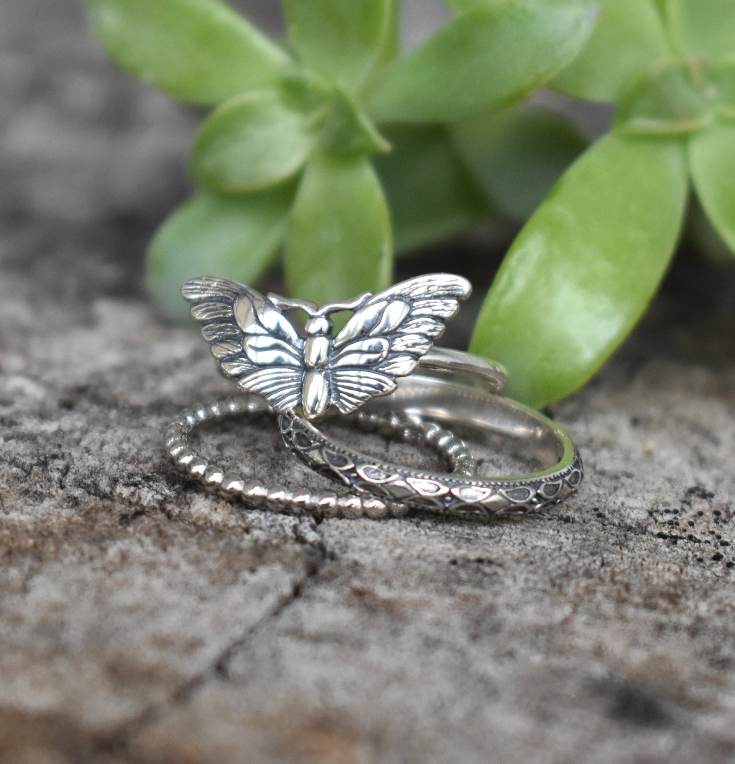 Moth Ring- Silver Ring, Moth Jewelry, Butterfly Ring- Sterling Silver Ring Set
