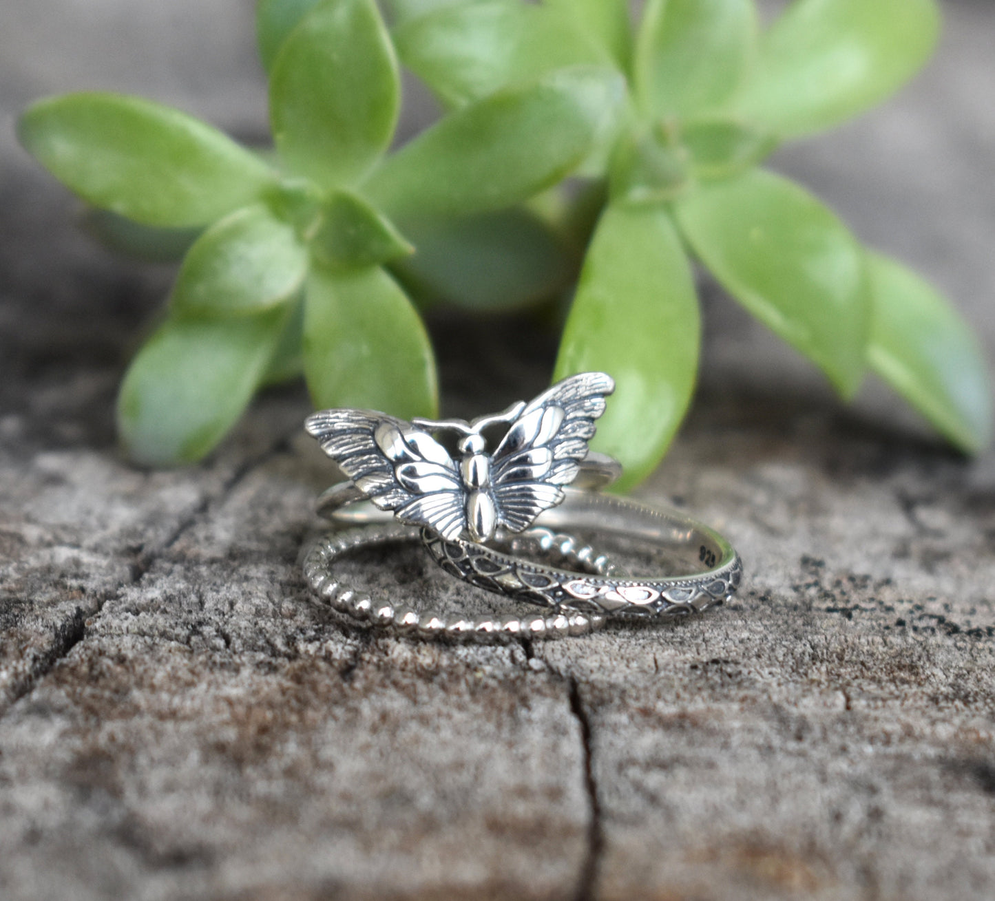 Moth Ring- Silver Ring, Moth Jewelry, Butterfly Ring- Sterling Silver Ring Set