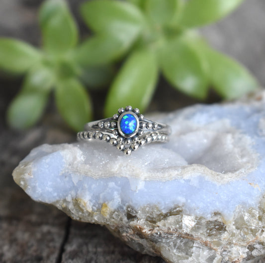 Blue Opal Ring- Opal Engagement Ring, October Birthstone Ring-Silver Opal Ring
