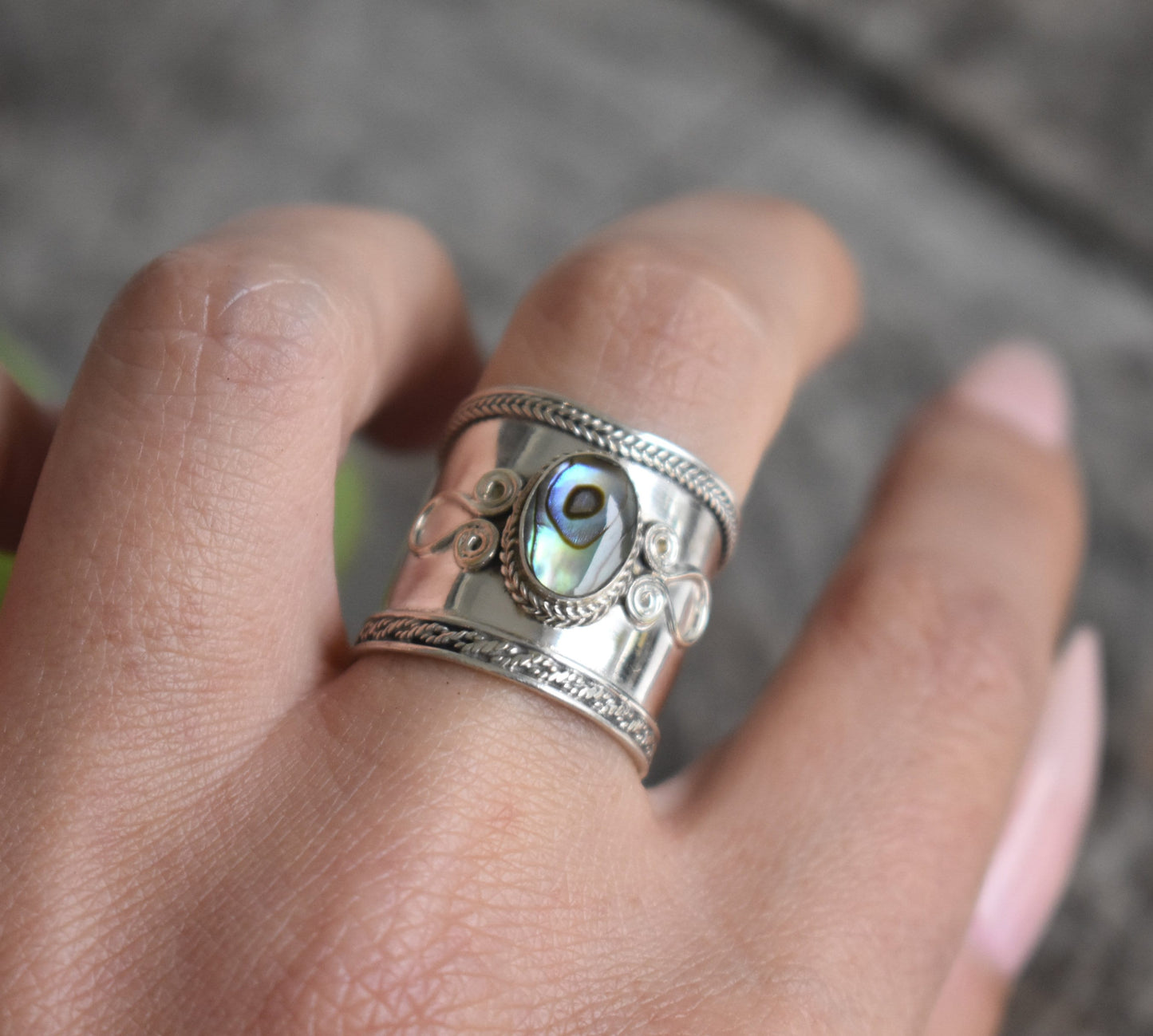 Abalone Ring- Seashell Ring, Ocean Ring- Wide Thumb Ring-Sterling Silver