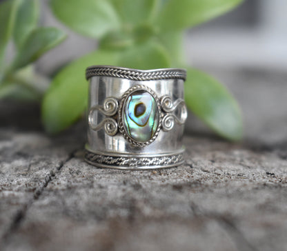 Abalone Ring- Seashell Ring, Ocean Ring- Wide Thumb Ring-Sterling Silver