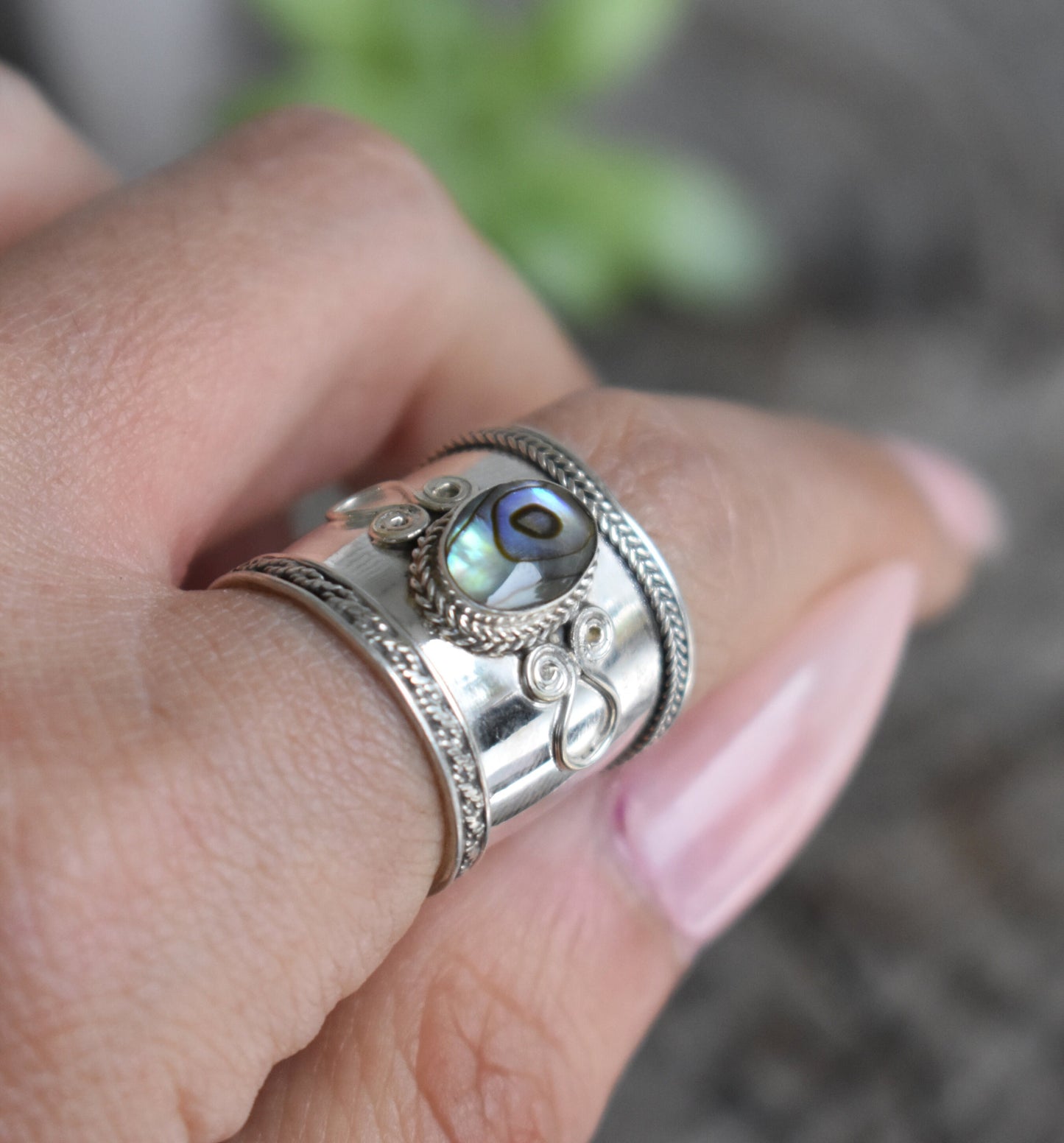 Abalone Ring- Seashell Ring, Ocean Ring- Wide Thumb Ring-Sterling Silver