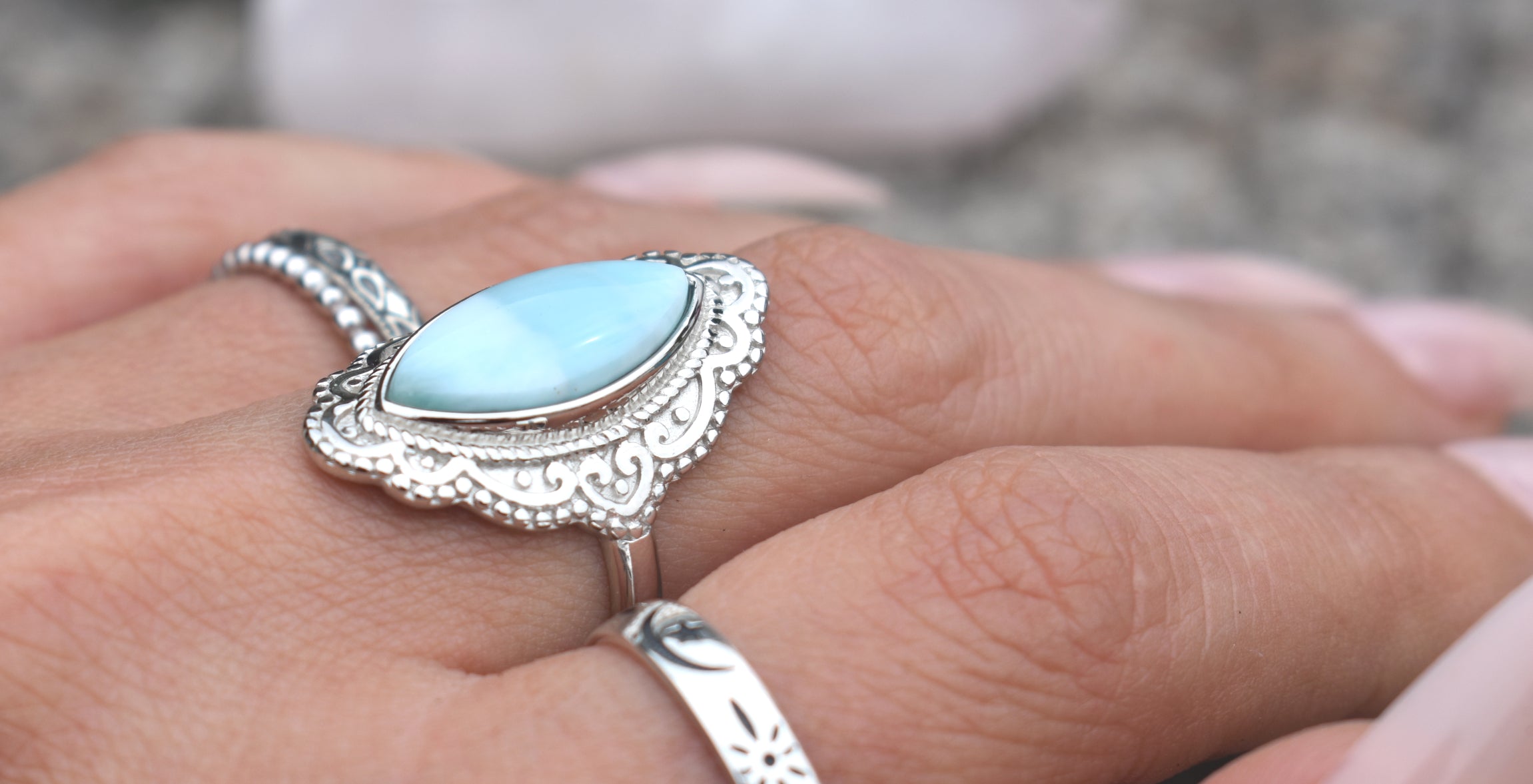 Larimar Ring- Sterling Silver Larimar Ring, Caribbean Larimar- Vishuddha,  Bali Larimar